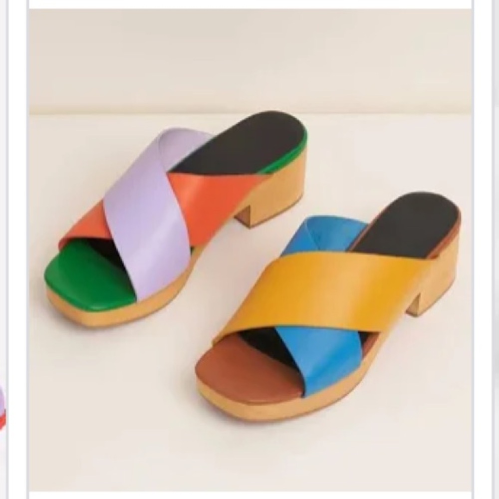 Charlotte Stone Colorblock Cross-Strap Mule Sandals in Green, Purple & Yellow
